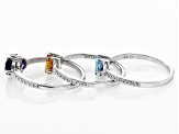 Pre-Owned African Amethyst, Citrine And Swiss Blue Topaz  Rhodium Over Sterling Silver Ring Set Of 3