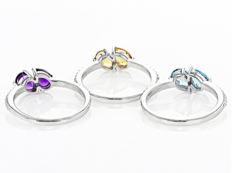 Pre-Owned African Amethyst, Citrine And Swiss Blue Topaz  Rhodium Over Sterling Silver Ring Set Of 3