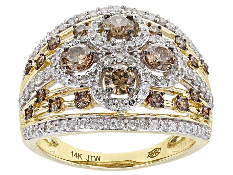 Pre-Owned Champagne And White Diamond 14k Yellow Gold 4-Stone Center Design Ring 1.50ctw