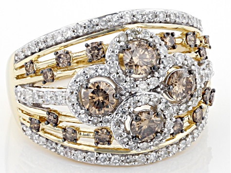 Pre-Owned Champagne And White Diamond 14k Yellow Gold 4-Stone Center Design Ring 1.50ctw
