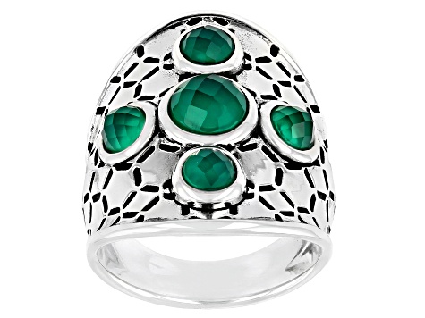 Pre-Owned Green Onyx Rhodium Over Silver Honeycomb Ring