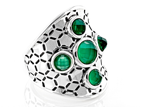 Pre-Owned Green Onyx Rhodium Over Silver Honeycomb Ring