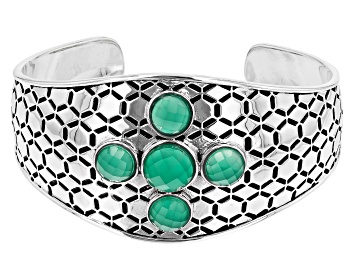 Picture of Pre-Owned Green Onyx Rhodium Over Sterling Silver Honeycomb Cuff Bracelet