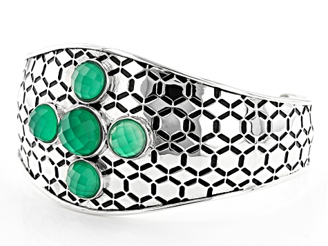 Pre-Owned Green Onyx Rhodium Over Sterling Silver Honeycomb Cuff Bracelet