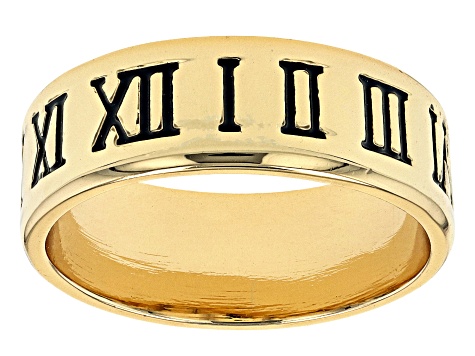 Pre-Owned Black Enamel Engraved Roman Numeral Gold Tone Mens Band Ring