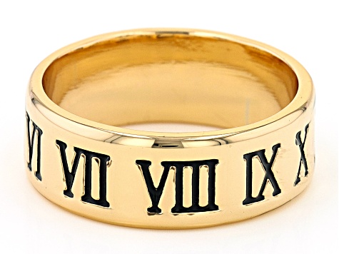 Pre-Owned Black Enamel Engraved Roman Numeral Gold Tone Mens Band Ring