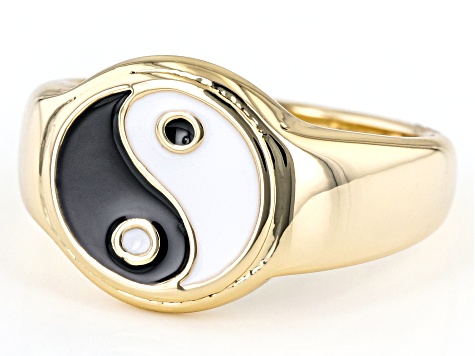 Pre-Owned Black and White Enamel Gold Tone Yin and Yang Ring