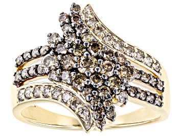 Picture of Pre-Owned Shades Of Champagne Diamond 10k Yellow Gold Cluster Bypass Ring 0.85ctw
