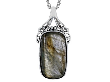 Picture of Pre-Owned Gray Labradorite Sterling Silver Solitaire Pendant With Chain