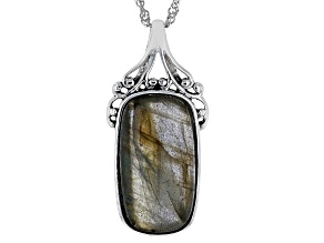 Pre-Owned Gray Labradorite Sterling Silver Solitaire Pendant With Chain
