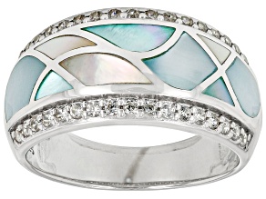 Pre-Owned Multi-Color South Sea Mother-of-Pearl & White Zircon Rhodium Over Sterling Silver Ring