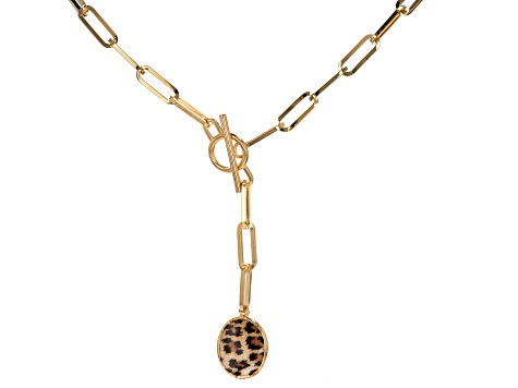 Pre-Owned 18k Yellow Gold Over Bronze Paperclip Toggle Necklace With Leopard Enamel Drop