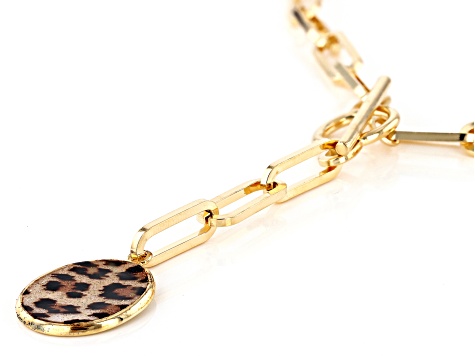 Pre-Owned 18k Yellow Gold Over Bronze Paperclip Toggle Necklace With Leopard Enamel Drop