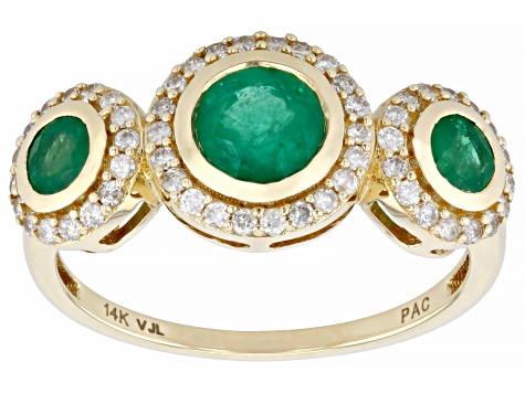 Pre-Owned Zambian Emerald And White Diamond 14k Yellow Gold 3-Stone Halo Ring