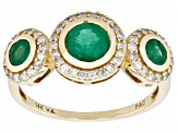 Pre-Owned Zambian Emerald And White Diamond 14k Yellow Gold 3-Stone Halo Ring