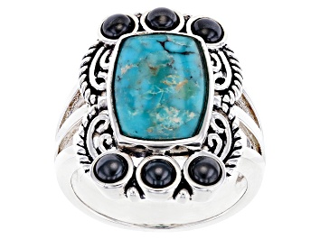 Picture of Pre-Owned Blue Turquoise & Hematine Rhodium Over Silver Ring
