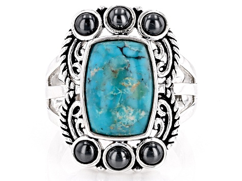 Pre-Owned Blue Turquoise & Hematine Rhodium Over Silver Ring
