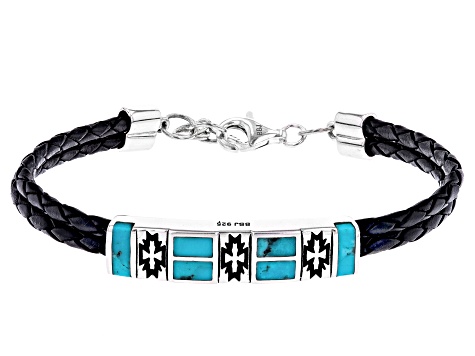 Pre-Owned Blue Turquoise Imitation Leather & Rhodium Over Silver Bracelet