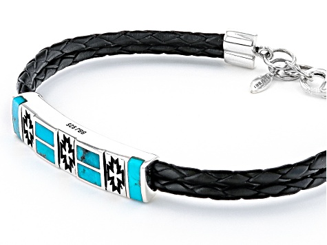 Pre-Owned Blue Turquoise Imitation Leather & Rhodium Over Silver Bracelet