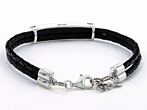 Pre-Owned Blue Turquoise Imitation Leather & Rhodium Over Silver Bracelet