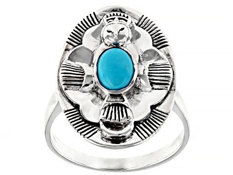 Pre-Owned Blue Sleeping Beauty Turquoise Rhodium Over Silver Owl Ring