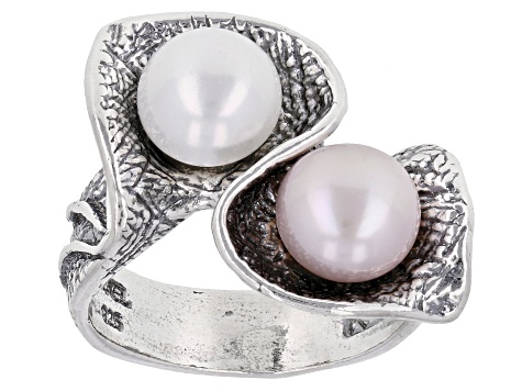 Pre-Owned White & Pink Cultured Freshwater Pearl Sterling Silver Ring