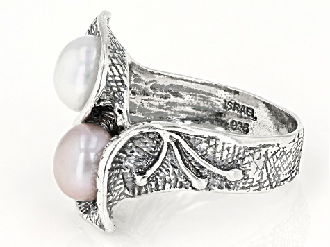 Pre-Owned White & Pink Cultured Freshwater Pearl Sterling Silver Ring