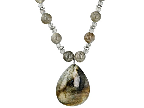 Pre-Owned Gray Labradorite Rhodium Over Sterling Silver Beaded Necklace