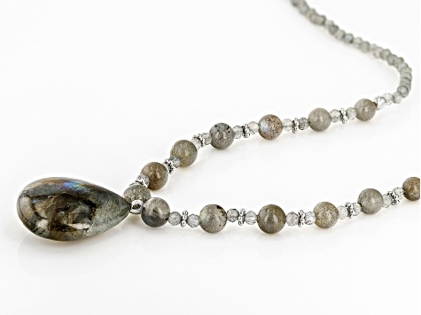 Pre-Owned Gray Labradorite Rhodium Over Sterling Silver Beaded Necklace