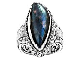 Pre-Owned Labradorite Silver Watermark & Hammered Ring