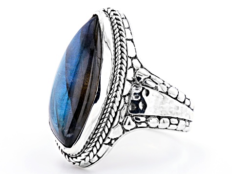 Pre-Owned Labradorite Silver Watermark & Hammered Ring