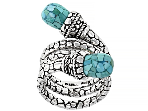 Pre-Owned Drop Shape Mosaic Turquoise Sterling Silver Bypass Ring