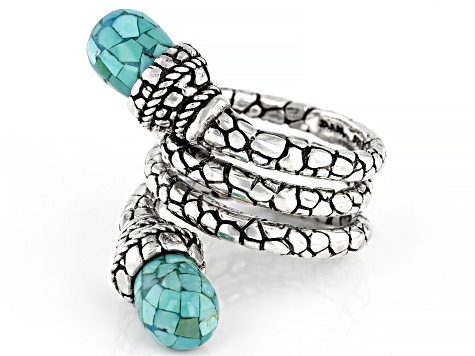 Pre-Owned Drop Shape Mosaic Turquoise Sterling Silver Bypass Ring