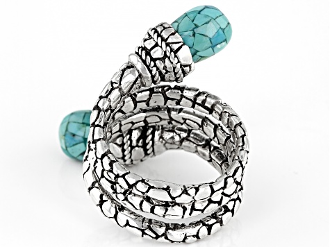 Pre-Owned Drop Shape Mosaic Turquoise Sterling Silver Bypass Ring