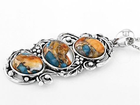 Pre-Owned Blended Turquoise & Spiny Oyster Shell Rhodium Over Silver Pendant With 18" Chain