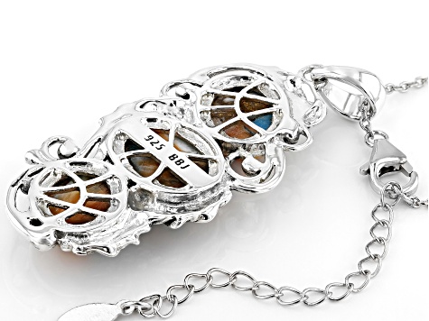 Pre-Owned Blended Turquoise & Spiny Oyster Shell Rhodium Over Silver Pendant With 18" Chain