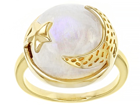 Pre-Owned Rainbow Moonstone 18K Yellow Gold Over Sterling Silver Moon & Star Ring