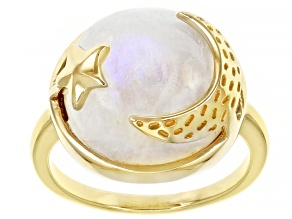 Pre-Owned Rainbow Moonstone 18K Yellow Gold Over Sterling Silver Moon & Star Ring