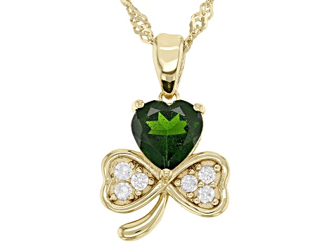 Pre-Owned Chrome Diopside and White Zircon 18K Yellow Gold Over Silver Shamrock Pendant With Chain 1