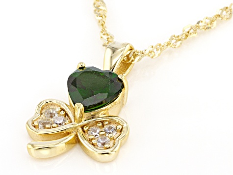 Pre-Owned Chrome Diopside and White Zircon 18K Yellow Gold Over Silver Shamrock Pendant With Chain 1