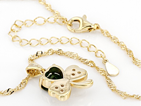 Pre-Owned Chrome Diopside and White Zircon 18K Yellow Gold Over Silver Shamrock Pendant With Chain 1