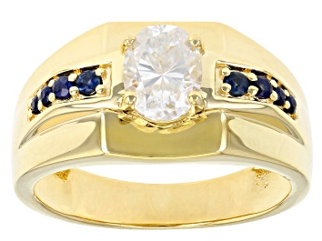 Picture of Pre-Owned Moissanite and blue sapphire 14k yellow gold over sterling silver mens ring 1.50ct DEW.
