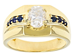 Pre-Owned Moissanite and blue sapphire 14k yellow gold over sterling silver mens ring 1.50ct DEW.