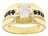 Pre-Owned Moissanite and blue sapphire 14k yellow gold over sterling silver mens ring 1.50ct DEW.