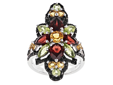 Pre-Owned Round Citrine, Pear Shaped Garnet, Mixed Peridot With Black Spinel Rhodium Over Silver Rin