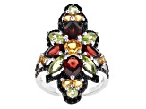 Pre-Owned Round Citrine, Pear Shaped Garnet, Mixed Peridot With Black Spinel Rhodium Over Silver Rin
