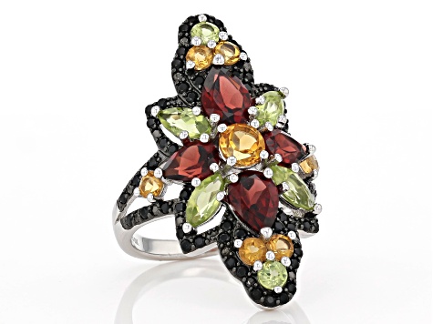 Pre-Owned Round Citrine, Pear Shaped Garnet, Mixed Peridot With Black Spinel Rhodium Over Silver Rin