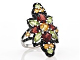 Pre-Owned Round Citrine, Pear Shaped Garnet, Mixed Peridot With Black Spinel Rhodium Over Silver Rin