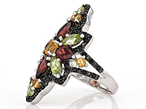 Pre-Owned Round Citrine, Pear Shaped Garnet, Mixed Peridot With Black Spinel Rhodium Over Silver Rin