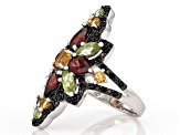 Pre-Owned Round Citrine, Pear Shaped Garnet, Mixed Peridot With Black Spinel Rhodium Over Silver Rin